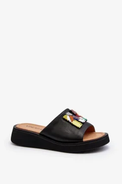 Damskie Buty damskie Vinceza Skórzane Klapki Damskie Z Ozdobą Czarne Asames