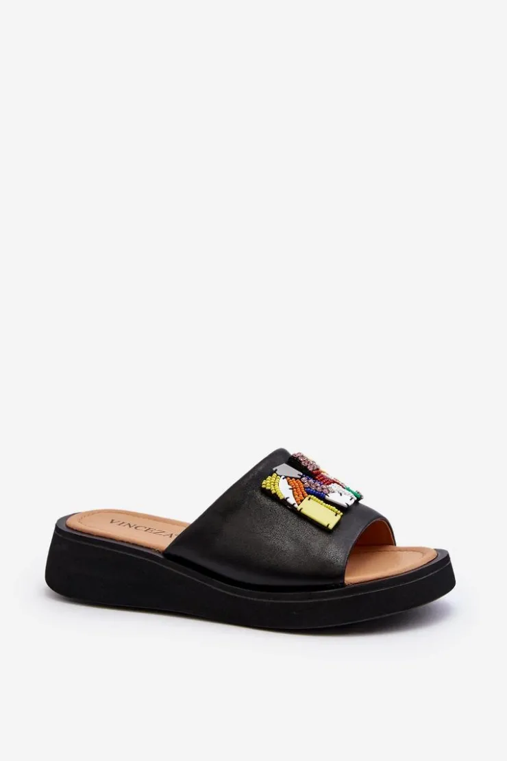 Damskie Buty damskie Vinceza Skórzane Klapki Damskie Z Ozdobą Czarne Asames