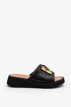 Damskie Buty damskie Vinceza Skórzane Klapki Damskie Z Ozdobą Czarne Asames