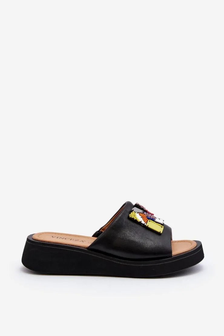 Damskie Buty damskie Vinceza Skórzane Klapki Damskie Z Ozdobą Czarne Asames