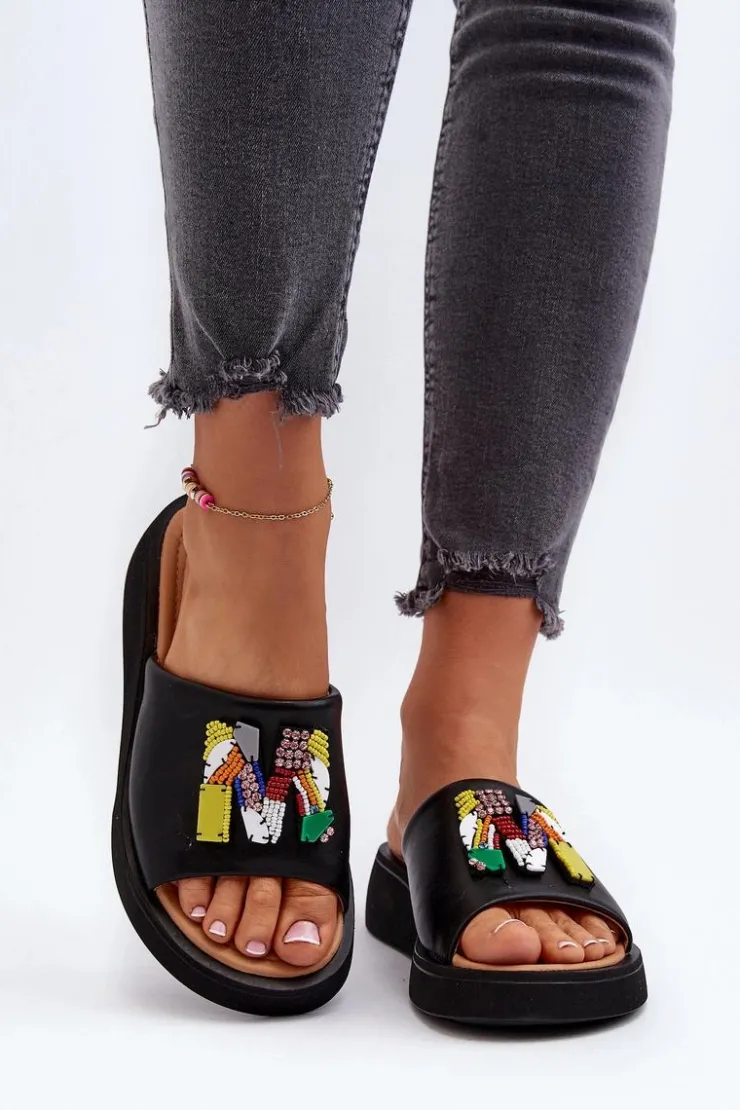 Damskie Buty damskie Vinceza Skórzane Klapki Damskie Z Ozdobą Czarne Asames