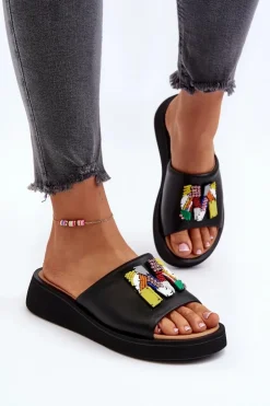 Damskie Buty damskie Vinceza Skórzane Klapki Damskie Z Ozdobą Czarne Asames