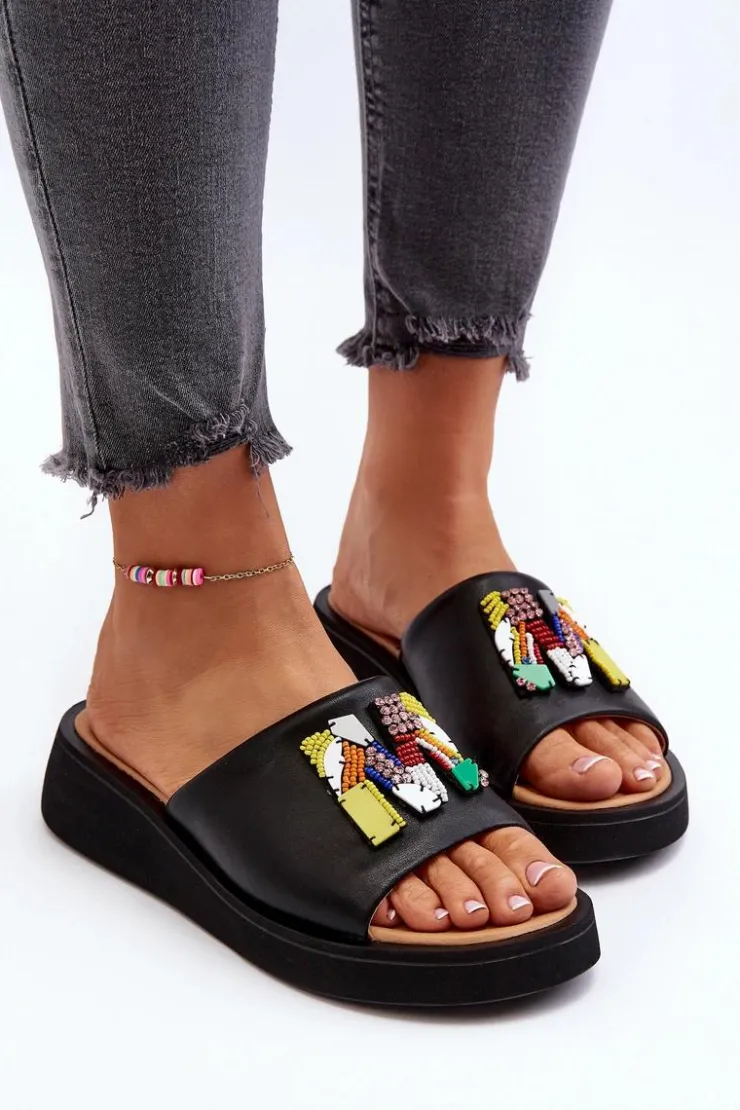 Damskie Buty damskie Vinceza Skórzane Klapki Damskie Z Ozdobą Czarne Asames