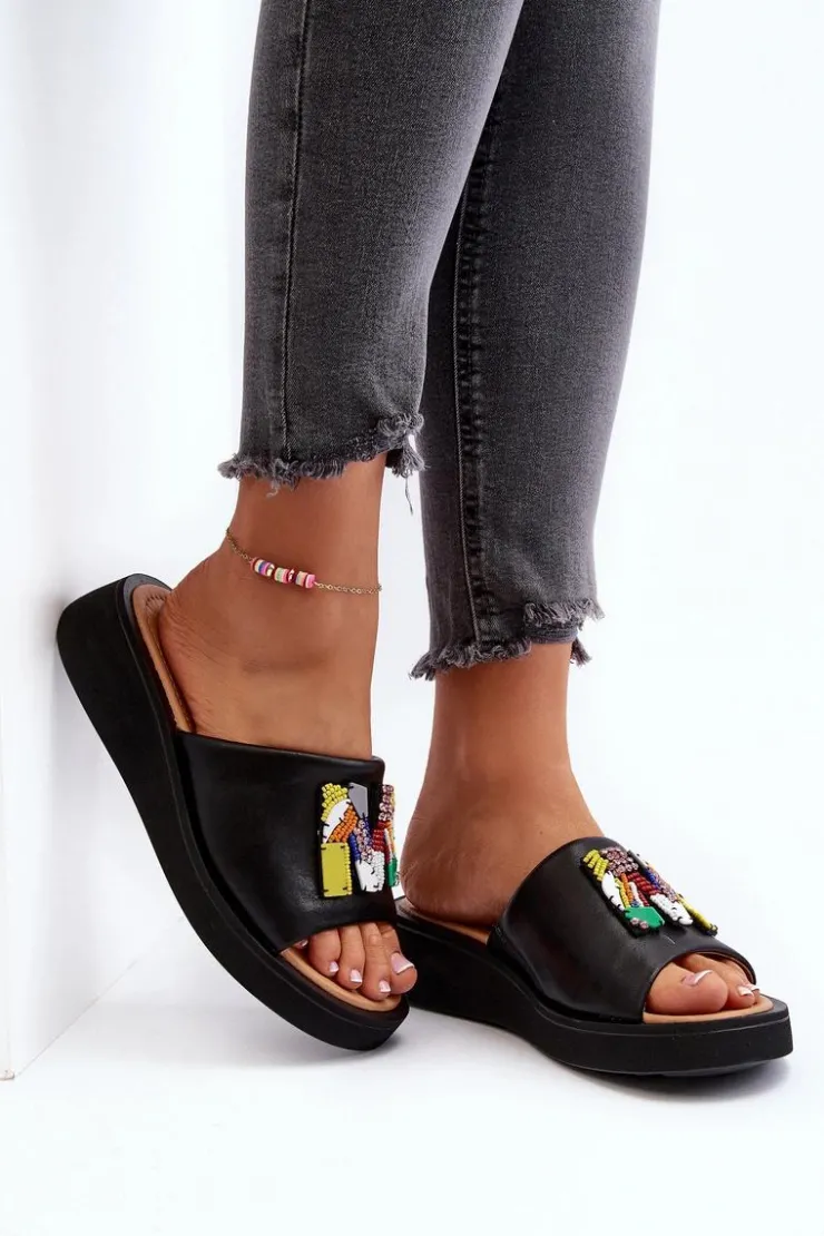 Damskie Buty damskie Vinceza Skórzane Klapki Damskie Z Ozdobą Czarne Asames