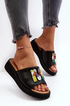 Damskie Buty damskie Vinceza Skórzane Klapki Damskie Z Ozdobą Czarne Asames