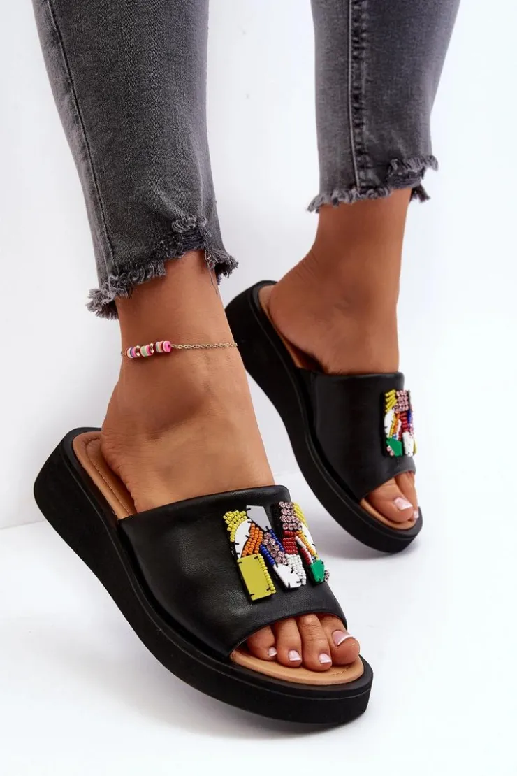 Damskie Buty damskie Vinceza Skórzane Klapki Damskie Z Ozdobą Czarne Asames