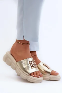 Buty damskie Vinceza Klapki Na Platformie|Klapki Damskie Klasyczne*Skórzane Klapki Damskie Ze Złotą Ozdobą Na Koturnie Vinceza 41444 Złote