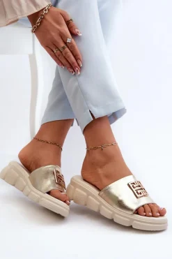 Buty damskie Vinceza Klapki Na Platformie|Klapki Damskie Klasyczne*Skórzane Klapki Damskie Ze Złotą Ozdobą Na Koturnie Vinceza 41444 Złote