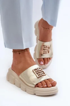 Buty damskie Vinceza Klapki Na Platformie|Klapki Damskie Klasyczne*Skórzane Klapki Damskie Ze Złotą Ozdobą Na Koturnie Vinceza 41444 Złote