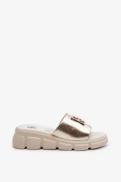 Buty damskie Vinceza Klapki Na Platformie|Klapki Damskie Klasyczne*Skórzane Klapki Damskie Ze Złotą Ozdobą Na Koturnie Vinceza 41444 Złote