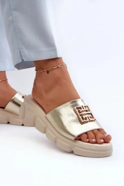 Buty damskie Vinceza Klapki Na Platformie|Klapki Damskie Klasyczne*Skórzane Klapki Damskie Ze Złotą Ozdobą Na Koturnie Vinceza 41444 Złote