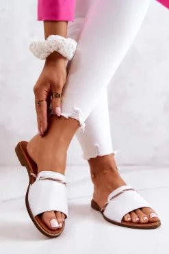 Boto Klapki Damskie Klasyczne*Skórzane Klapki Lewski Shoes 3047 Białe