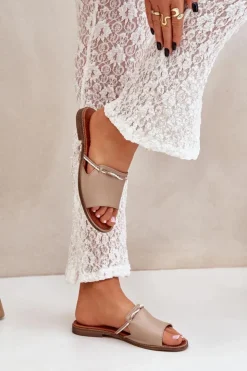 Boto Klapki Damskie Klasyczne*Skórzane Klapki Lewski Shoes 3047 Ciemnobeżowe Beżowy