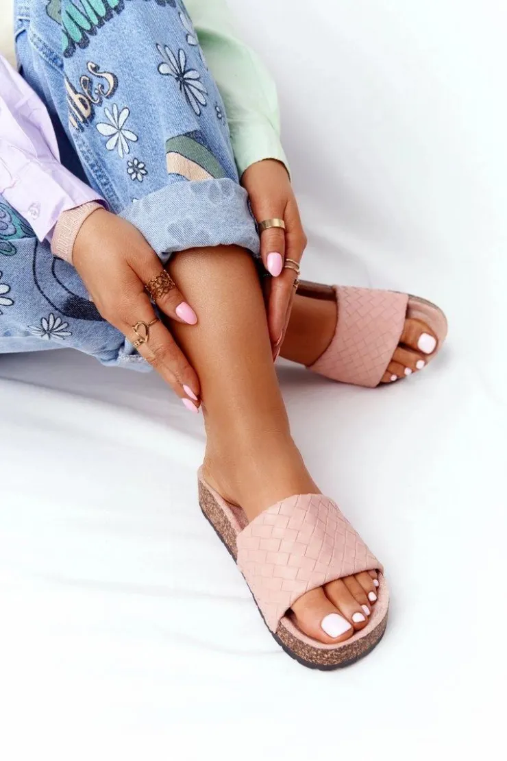 Boto Skórzane Klapki Na Korkowej Podeszwie Jasnoróżowe Catalina