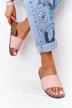 Boto Skórzane Klapki Na Korkowej Podeszwie Jasnoróżowe Catalina