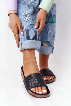 Best Boto Skórzane Klapki Na Korkowej Podeszwie Czarne Catalina