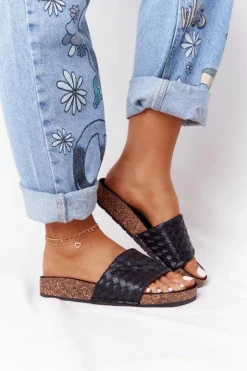 Best Boto Skórzane Klapki Na Korkowej Podeszwie Czarne Catalina