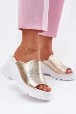 Damskie Boto Skórzane Klapki Na Koturnie Artiker 56C0435 Złote