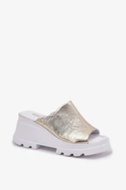 Damskie Boto Skórzane Klapki Na Koturnie Artiker 56C0435 Złote