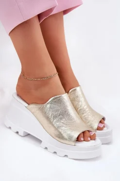 Damskie Boto Skórzane Klapki Na Koturnie Artiker 56C0435 Złote