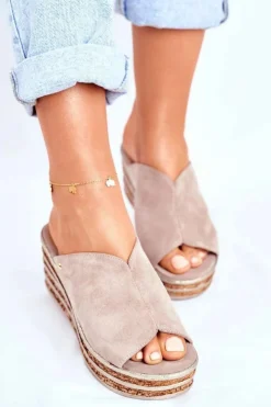 Online Boto Skórzane Klapki Na Koturnie Cappuccino Nicole 2559