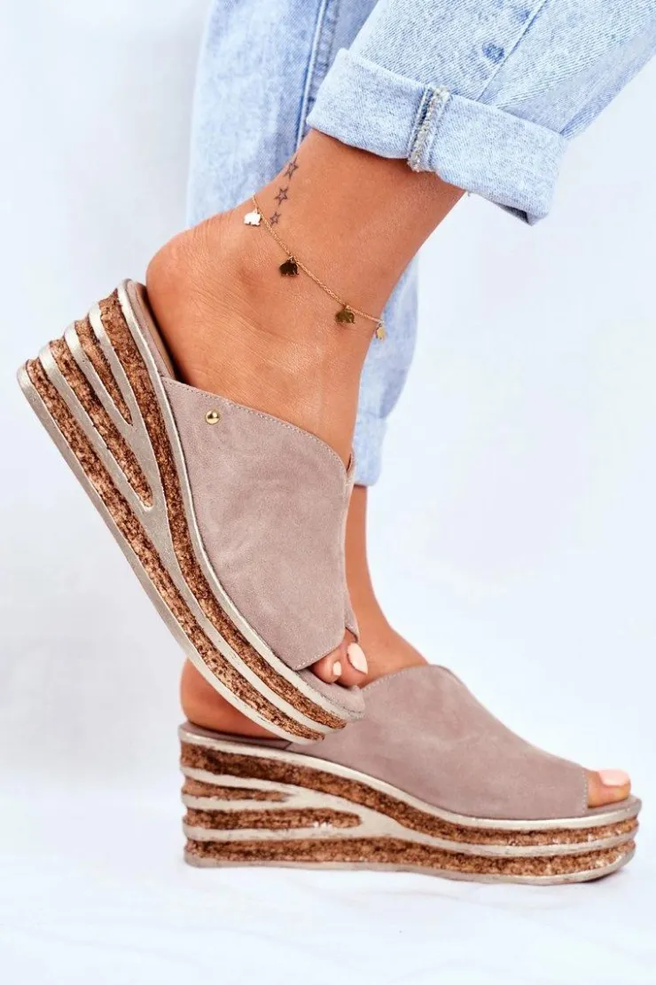 Online Boto Skórzane Klapki Na Koturnie Cappuccino Nicole 2559