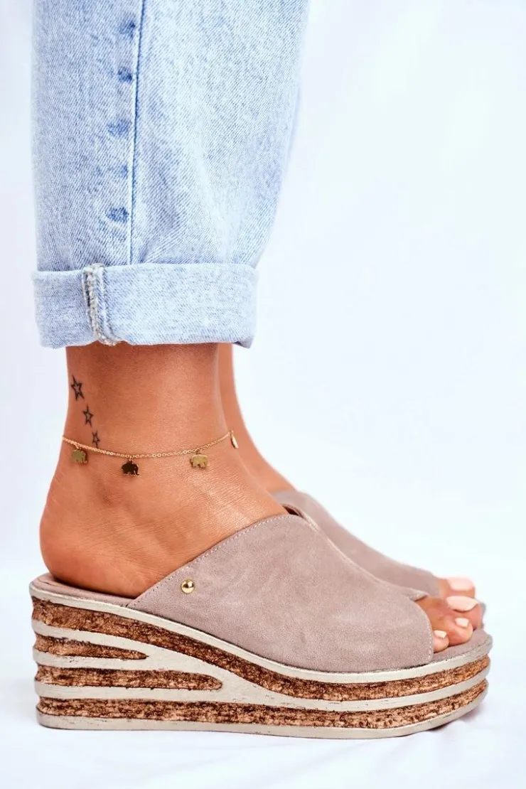 Online Boto Skórzane Klapki Na Koturnie Cappuccino Nicole 2559