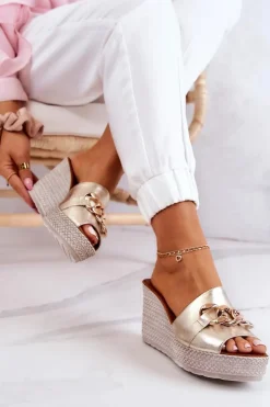 Outlet Boto Skórzane Klapki Na Koturnie Lewski 3062 Złote