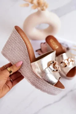 Outlet Boto Skórzane Klapki Na Koturnie Lewski 3062 Złote