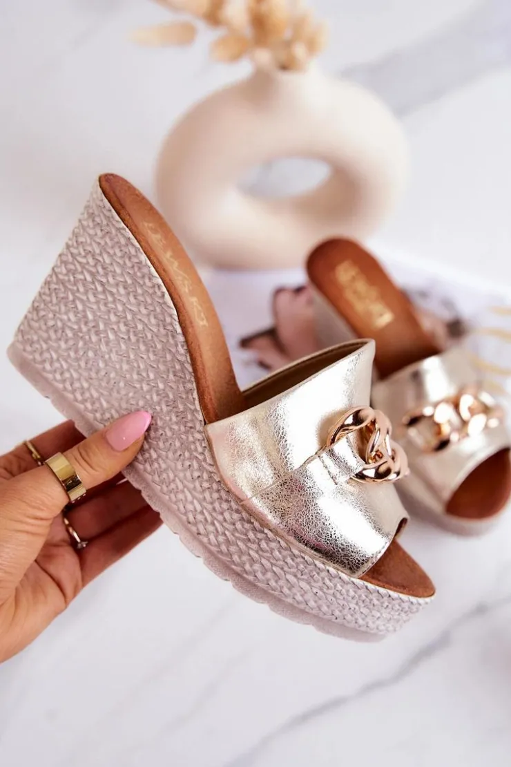 Outlet Boto Skórzane Klapki Na Koturnie Lewski 3062 Złote