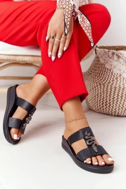 Hot Laura Messi Skórzane Klapki Na Koturnie 2272 Czarne