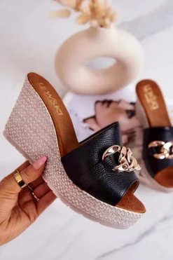 Boto Klapki Na Koturnie|Klapki Na Obcasie*Skórzane Klapki Na Koturnie Lewski 3062 Czarne