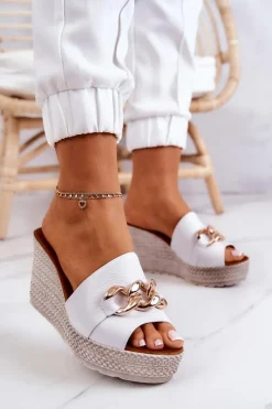 Damskie Boto Skórzane Klapki Na Koturnie Lewski 3062 Białe