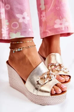 Damskie Boto Skórzane Klapki Na Koturnie Lewski 3062 Złoto-Szare