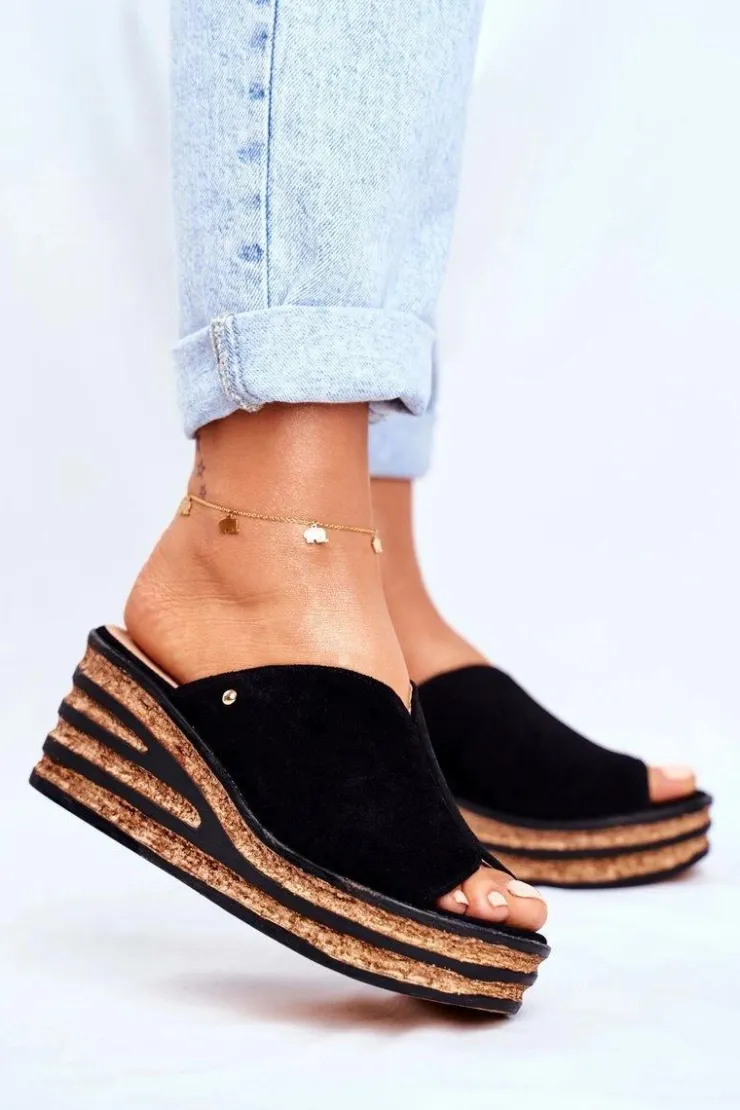 Damskie Boto Skórzane Klapki Na Koturnie Czarne Nicole 2559