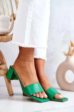 Damskie Boto Skórzane Klapki Na Obcasie Zielone Netty