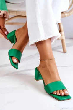 Damskie Boto Skórzane Klapki Na Obcasie Zielone Netty