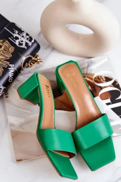 Damskie Boto Skórzane Klapki Na Obcasie Zielone Netty