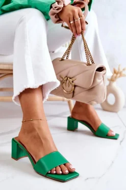 Damskie Boto Skórzane Klapki Na Obcasie Zielone Netty