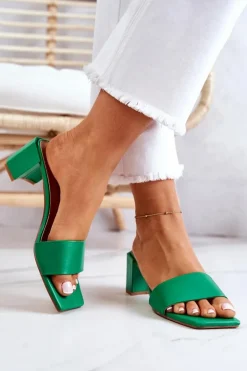 Damskie Boto Skórzane Klapki Na Obcasie Zielone Netty