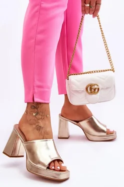 Damskie Boto Skórzane Klapki Na Obcasie Złote Livesa