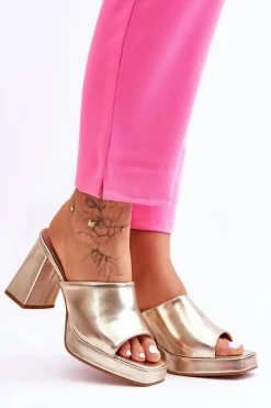 Damskie Boto Skórzane Klapki Na Obcasie Złote Livesa