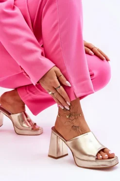 Damskie Boto Skórzane Klapki Na Obcasie Złote Livesa