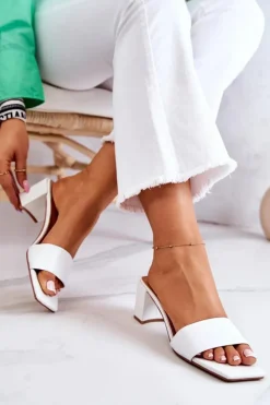 Damskie Boto Skórzane Klapki Na Obcasie Białe Netty