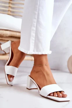 Damskie Boto Skórzane Klapki Na Obcasie Białe Netty