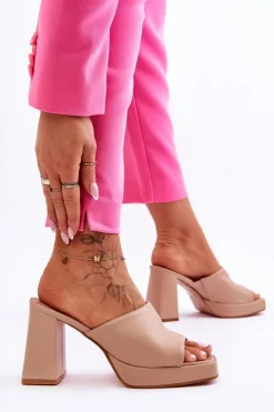 Boto Klapki Na Obcasie|Klapki Damskie Klasyczne*Skórzane Klapki Na Obcasie Beżowe Livesa Beżowy