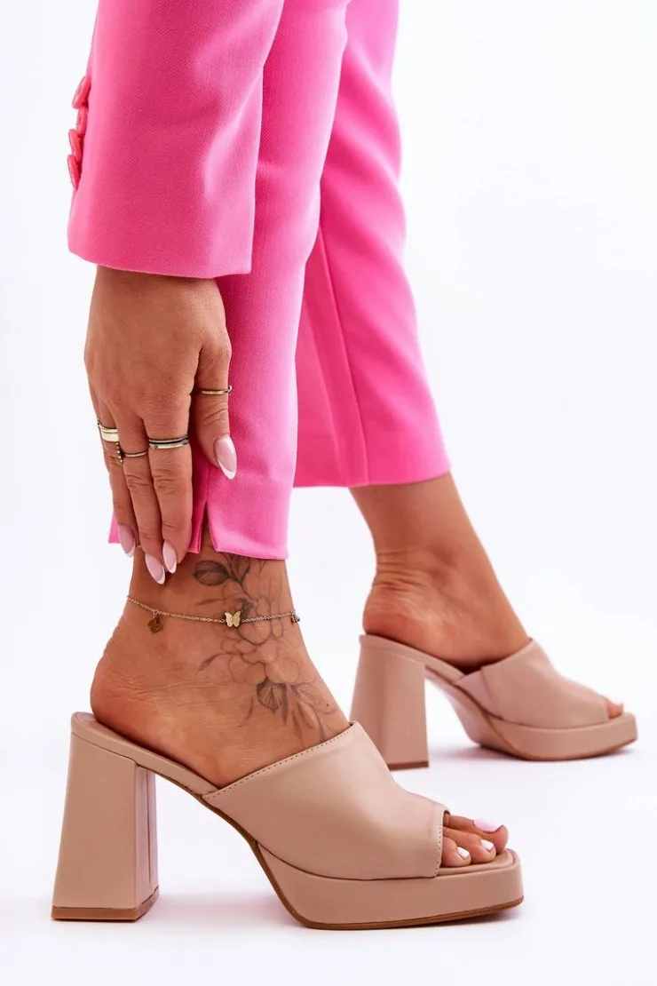 Boto Klapki Na Obcasie|Klapki Damskie Klasyczne*Skórzane Klapki Na Obcasie Beżowe Livesa Beżowy