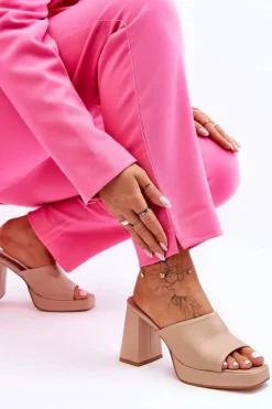 Boto Klapki Na Obcasie|Klapki Damskie Klasyczne*Skórzane Klapki Na Obcasie Beżowe Livesa Beżowy