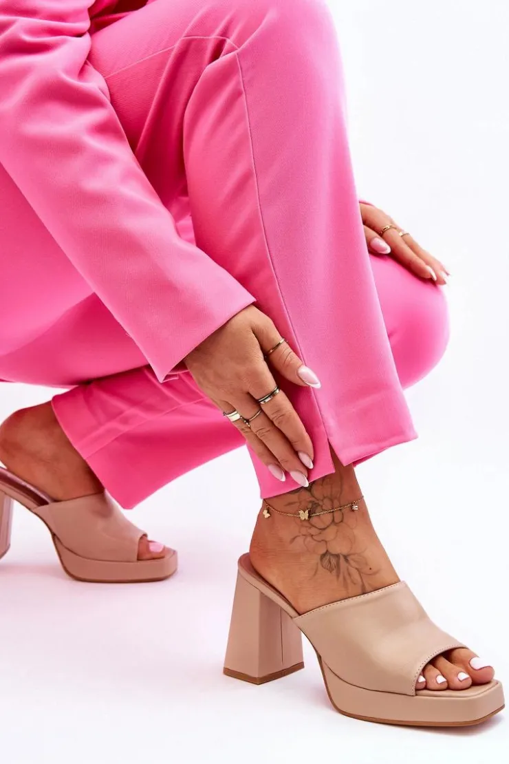 Boto Klapki Na Obcasie|Klapki Damskie Klasyczne*Skórzane Klapki Na Obcasie Beżowe Livesa Beżowy