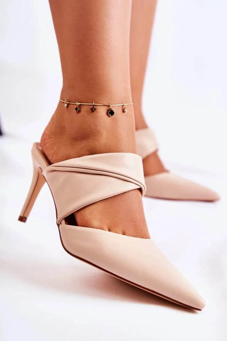 Hot Boto Skórzane Klapki Na Szpilce Beżowe Aveline